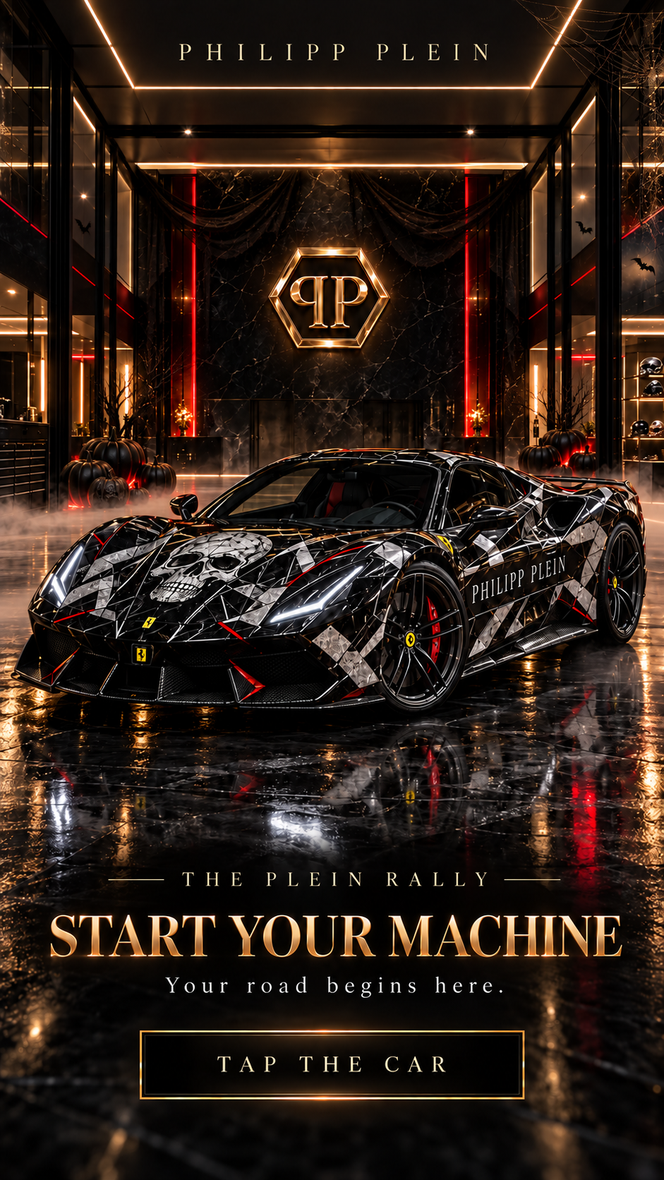 Skull camouflage rally car with luxury Halloween decor